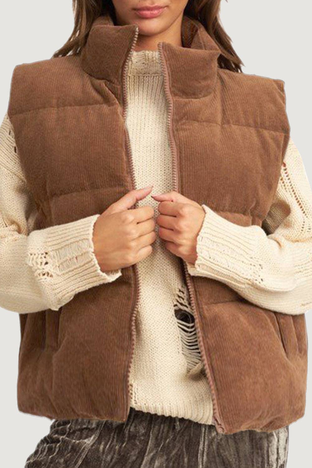 Coffee Corduroy Puffer Vest