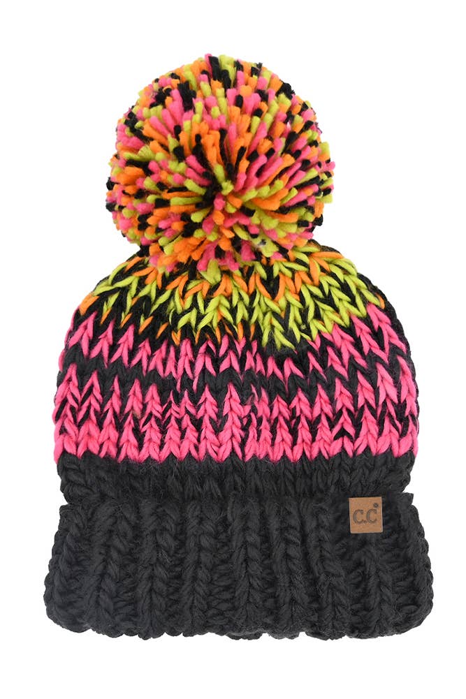 C.C Multi Color Chunky Yarn Pom Beanie Winter Hat
