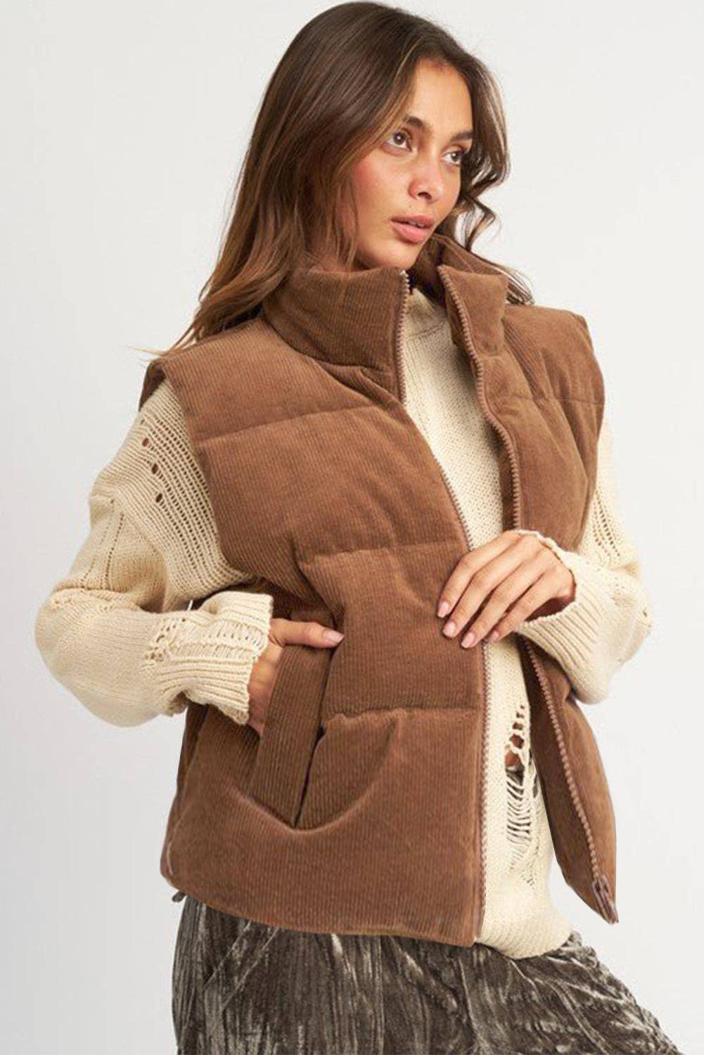 Coffee Corduroy Puffer Vest