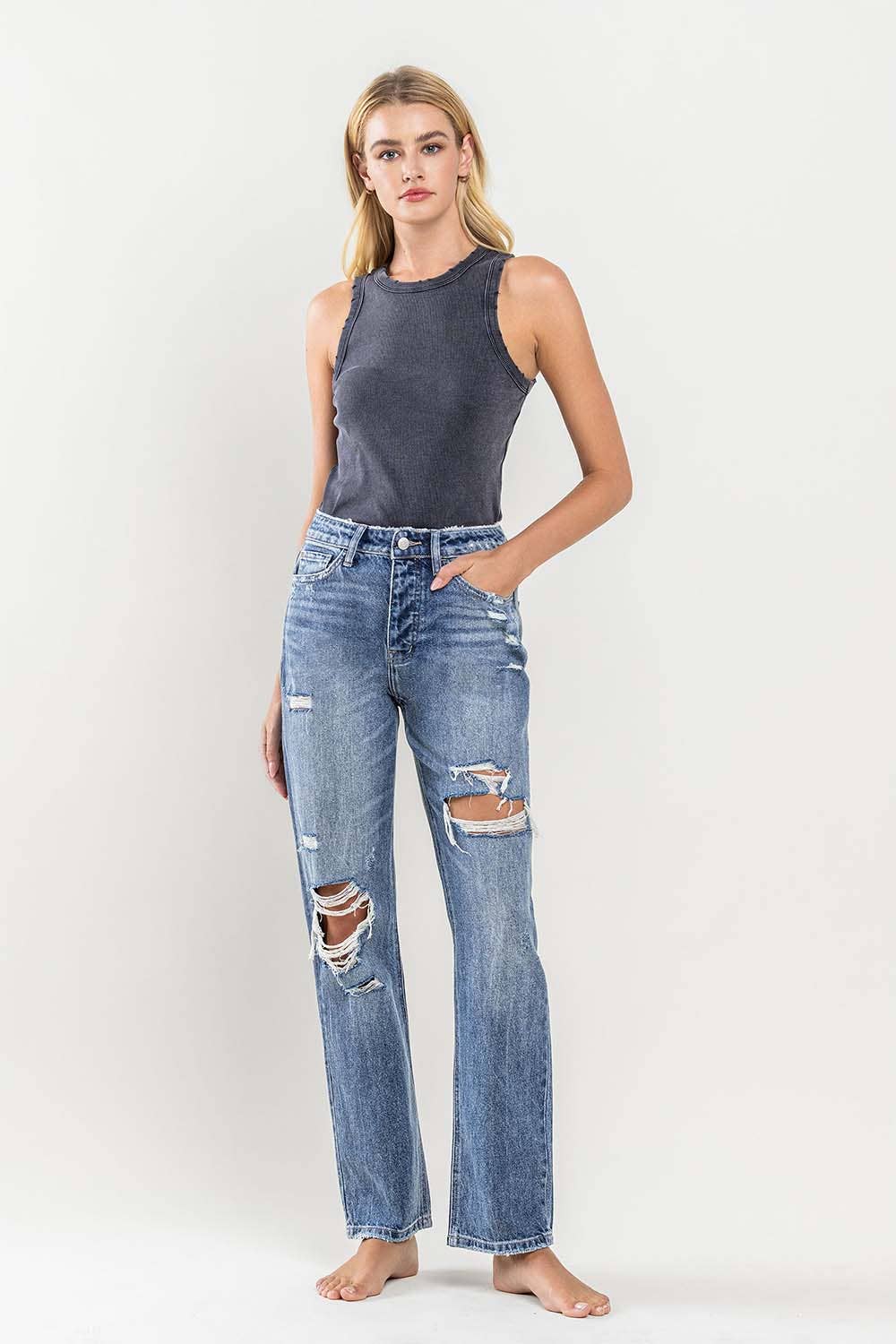 FLYING MONKEY - HIGH RISE DISTRESSED STRAIGHT JEANS
