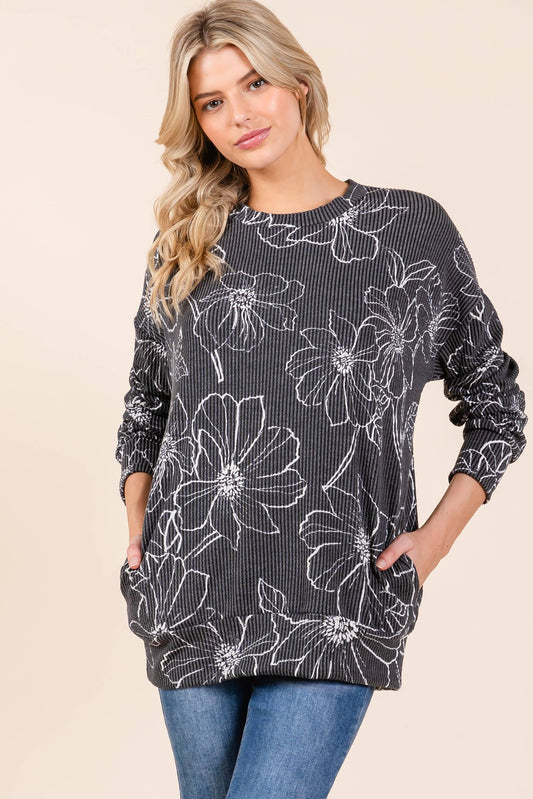 BOMBOM - Floral Sketch Ribbed Knit Sweatshirt W/pockets