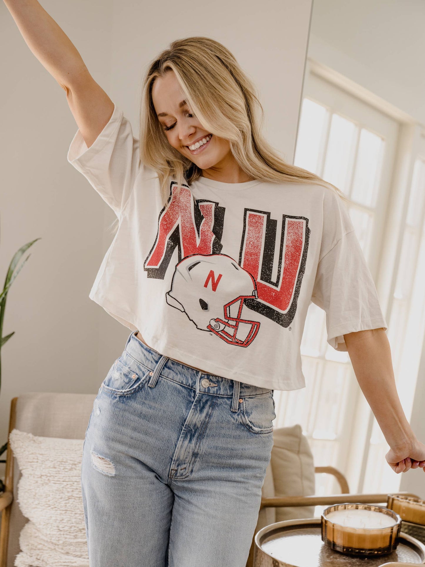 LivyLu - Nebraska Huskers Helmet Fade Off White Cropped Tee