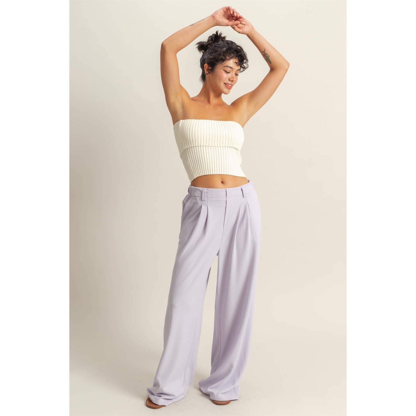 Waffle Knit High-Waist Wide-Leg Pants