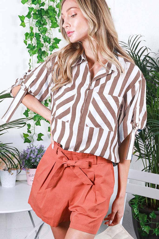 Roll-up sleeve striped shirt