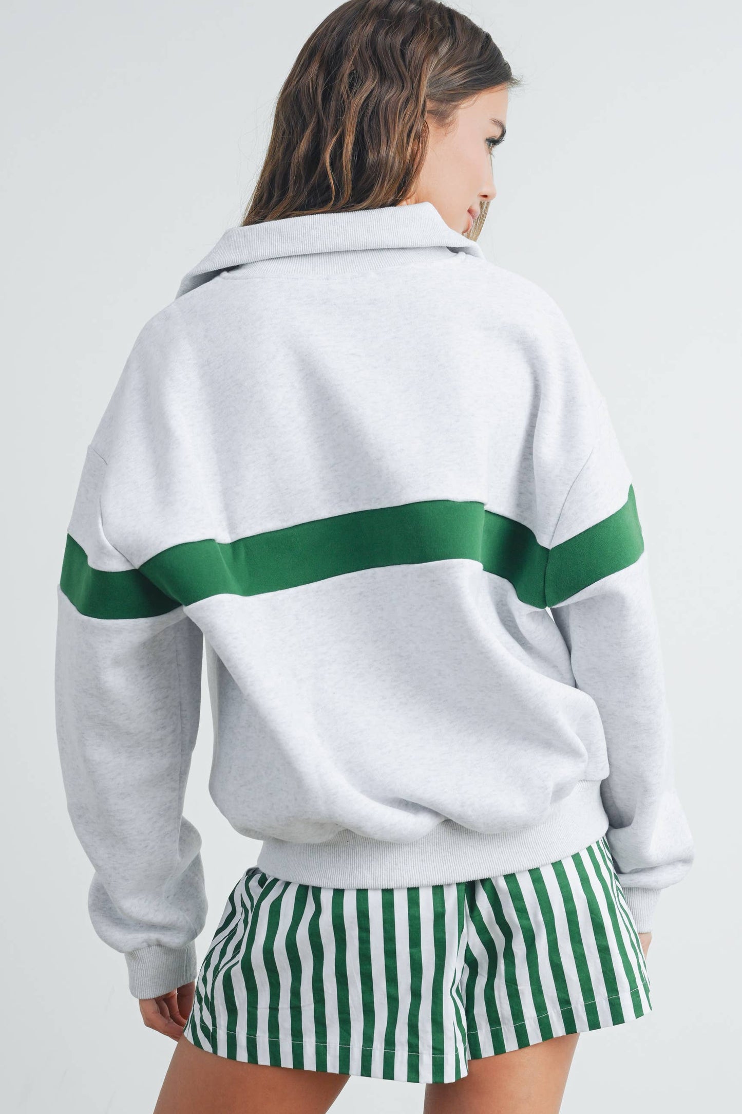 GREEN STRIPE ZIP COLLAR SWEATSHIRT