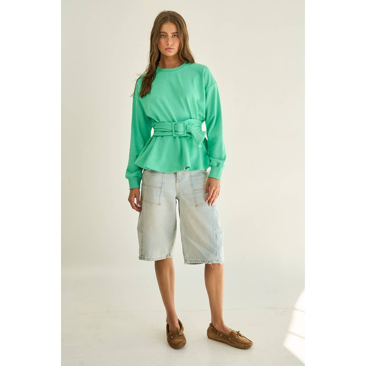 The GREii - French Terry Peplum Belted Sweatshirt