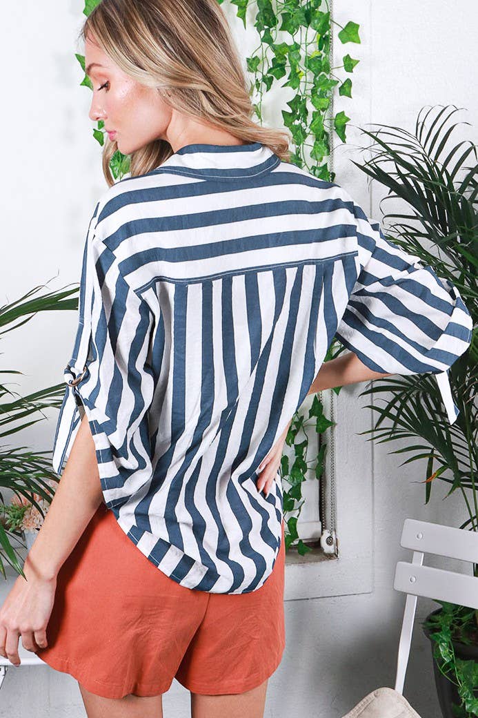 Roll-up sleeve striped shirt