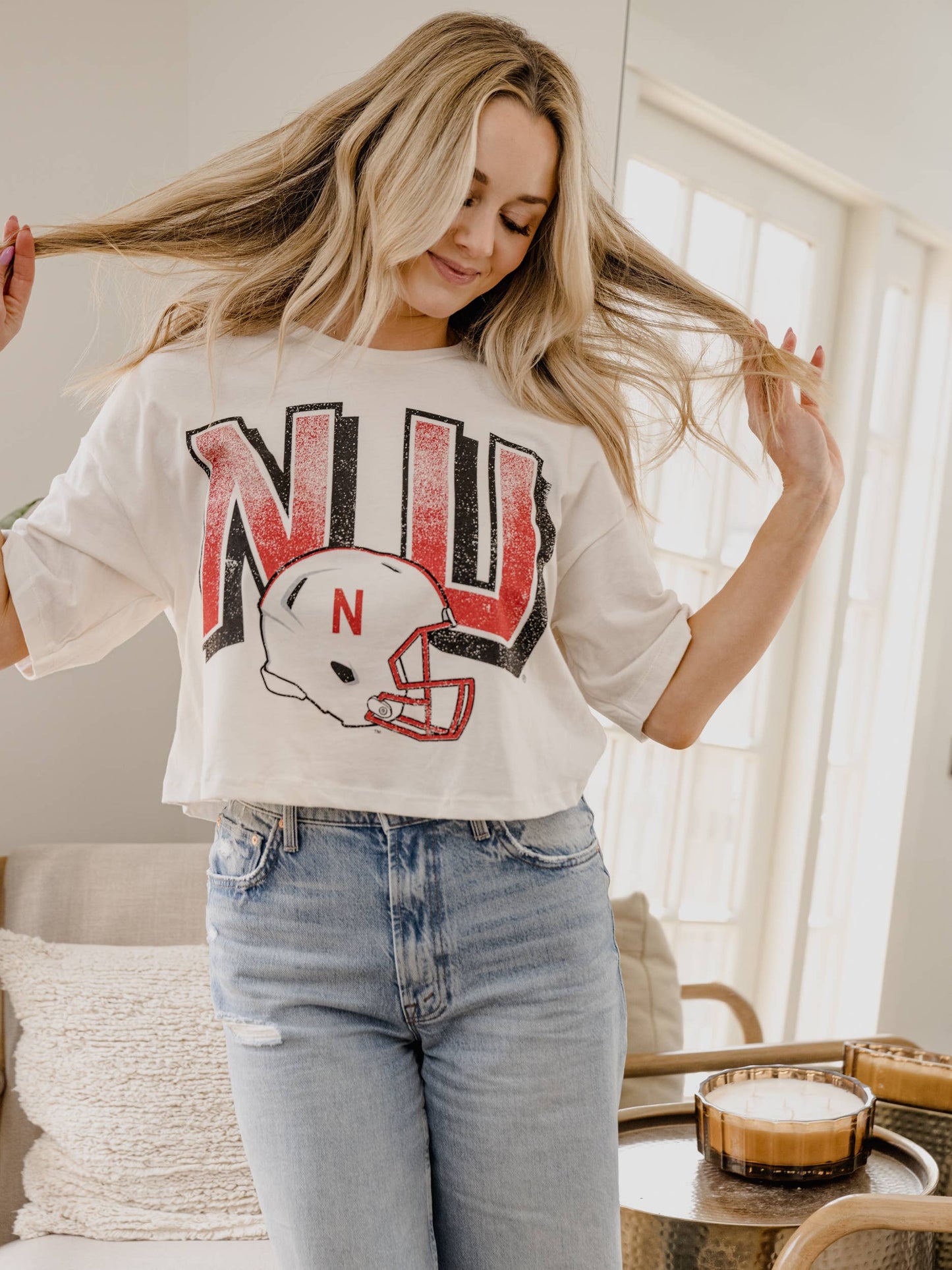 LivyLu - Nebraska Huskers Helmet Fade Off White Cropped Tee