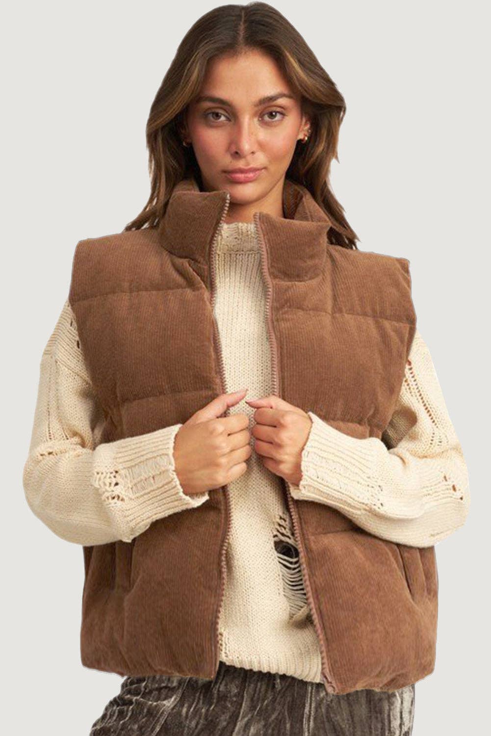 Coffee Corduroy Puffer Vest