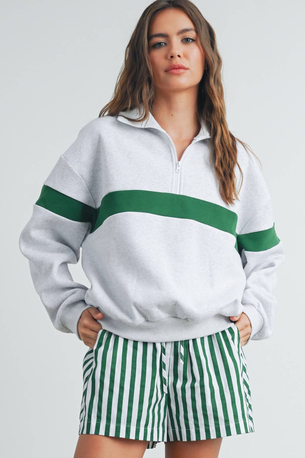 GREEN STRIPE ZIP COLLAR SWEATSHIRT