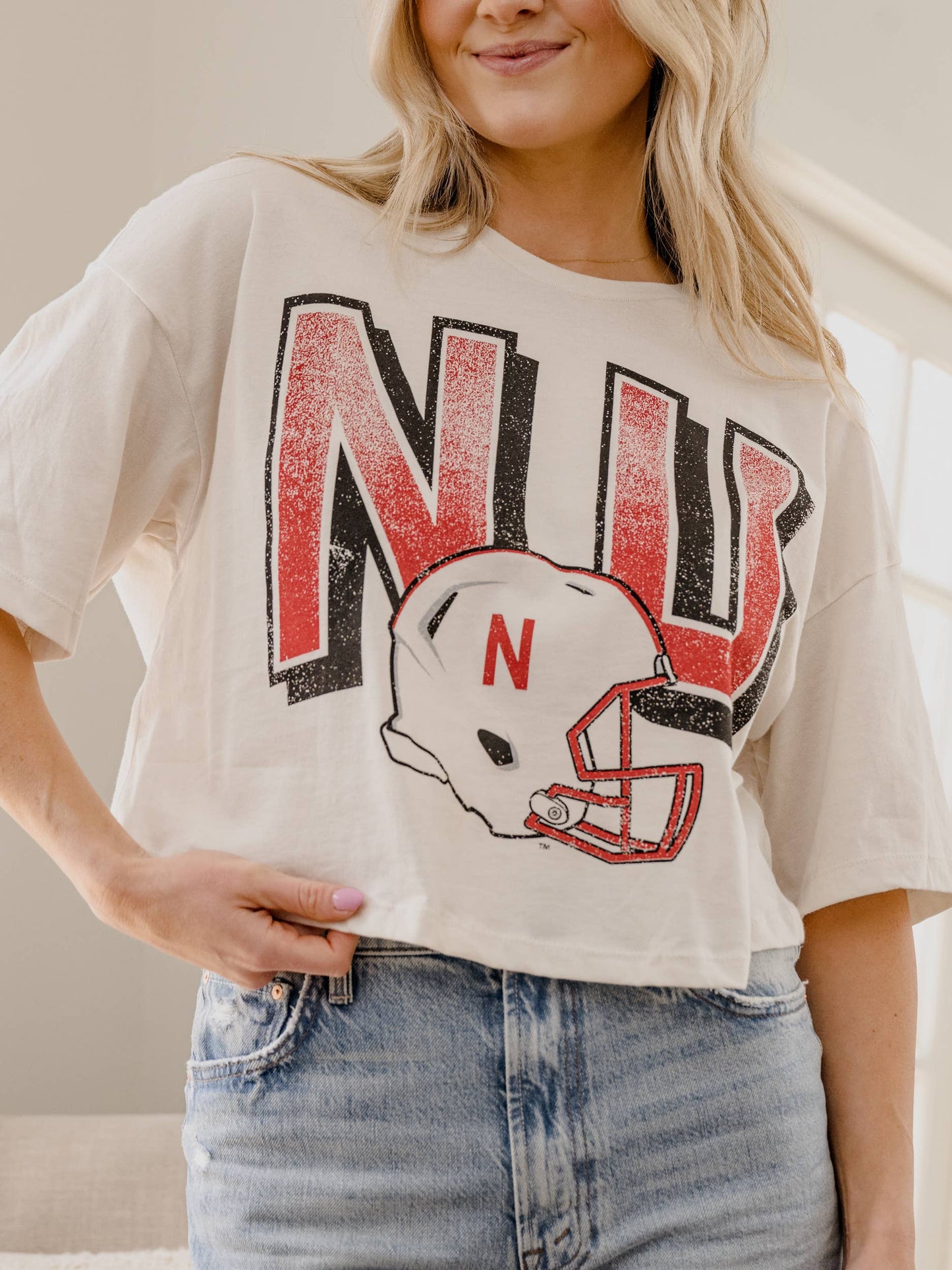 LivyLu - Nebraska Huskers Helmet Fade Off White Cropped Tee