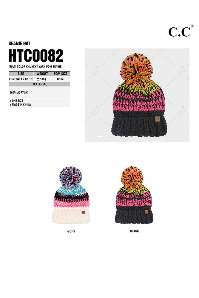 C.C Multi Color Chunky Yarn Pom Beanie Winter Hat