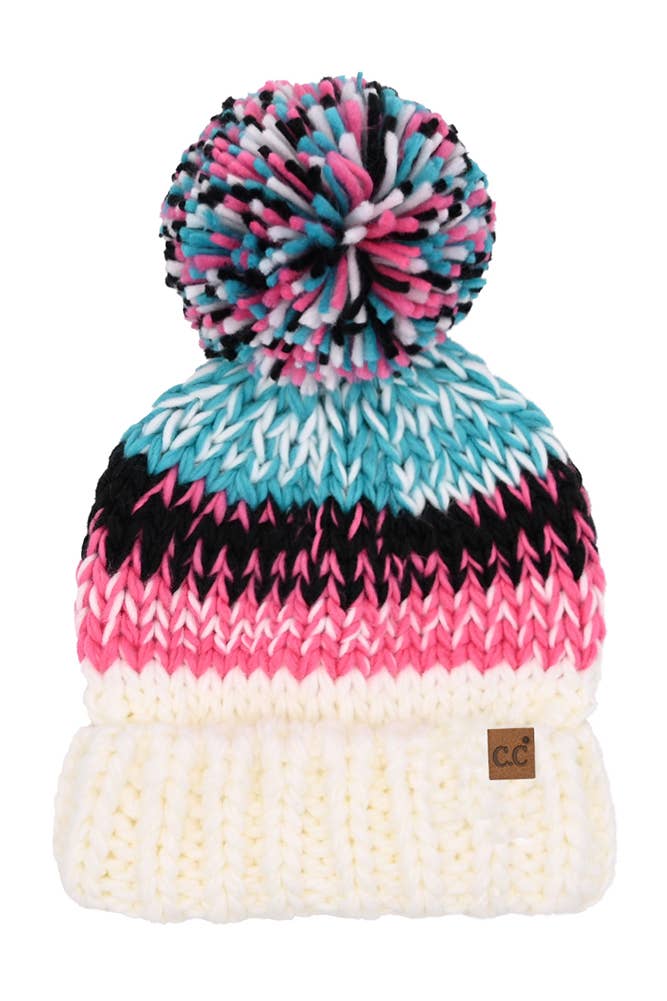 C.C Multi Color Chunky Yarn Pom Beanie Winter Hat