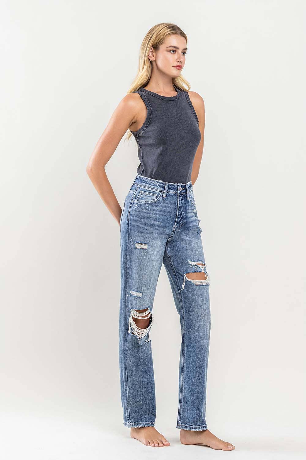 FLYING MONKEY - HIGH RISE DISTRESSED STRAIGHT JEANS