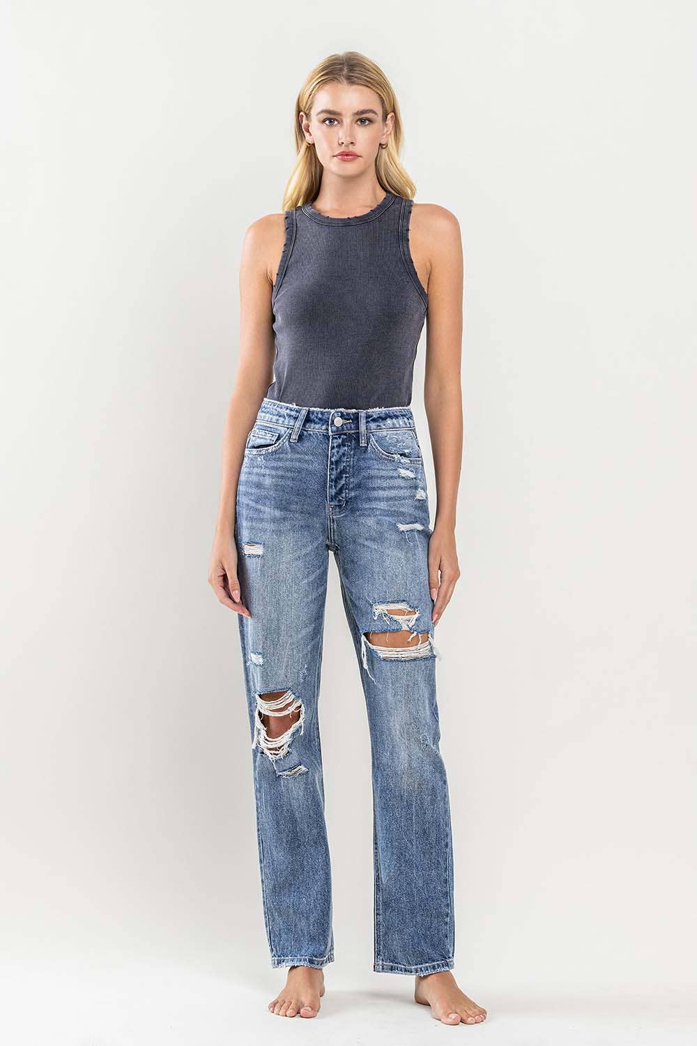 FLYING MONKEY - HIGH RISE DISTRESSED STRAIGHT JEANS