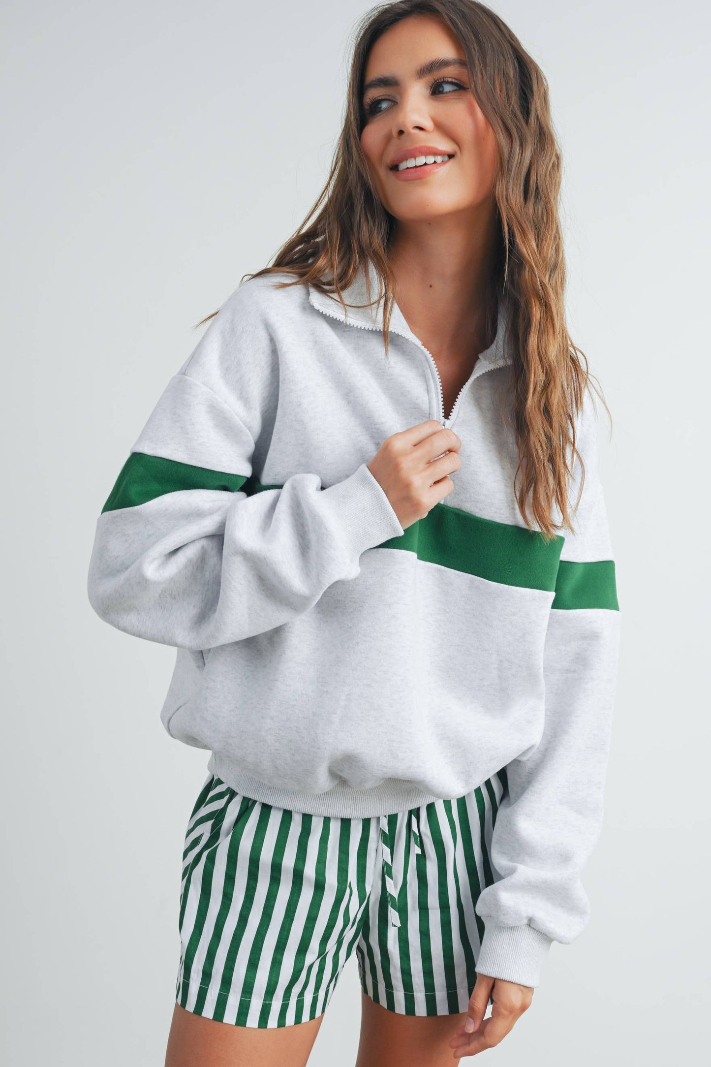 GREEN STRIPE ZIP COLLAR SWEATSHIRT