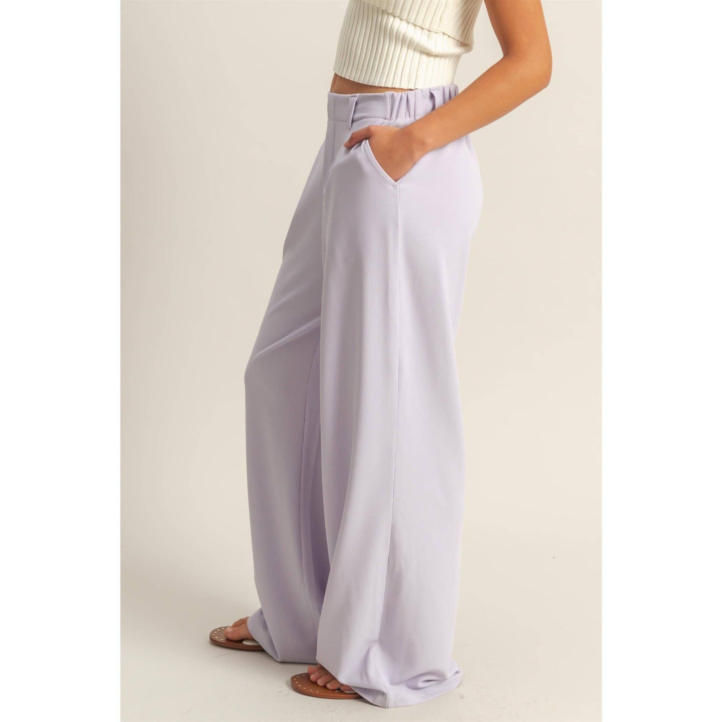 Waffle Knit High-Waist Wide-Leg Pants