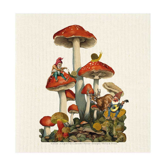 Gnomes on Mushrooms Swedish Dishcloth