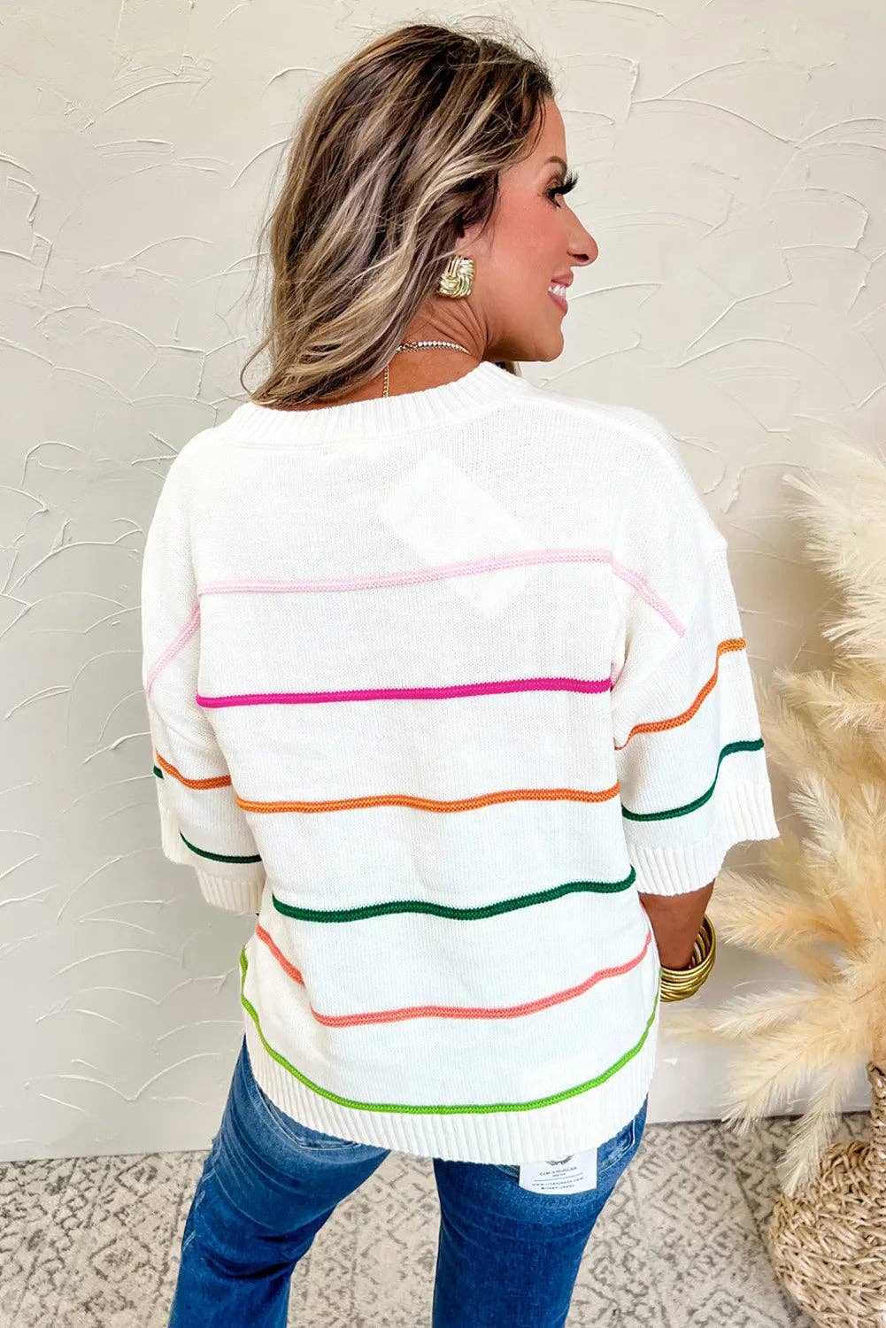 White Striped Half Sleeve Sweater