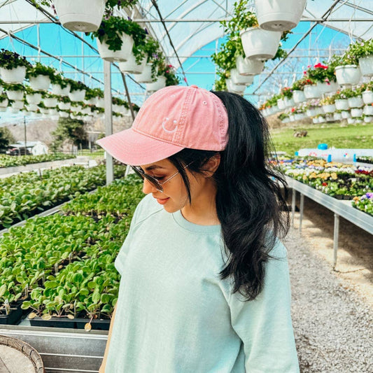 Pink Floral Smiley Ponytail Hat
