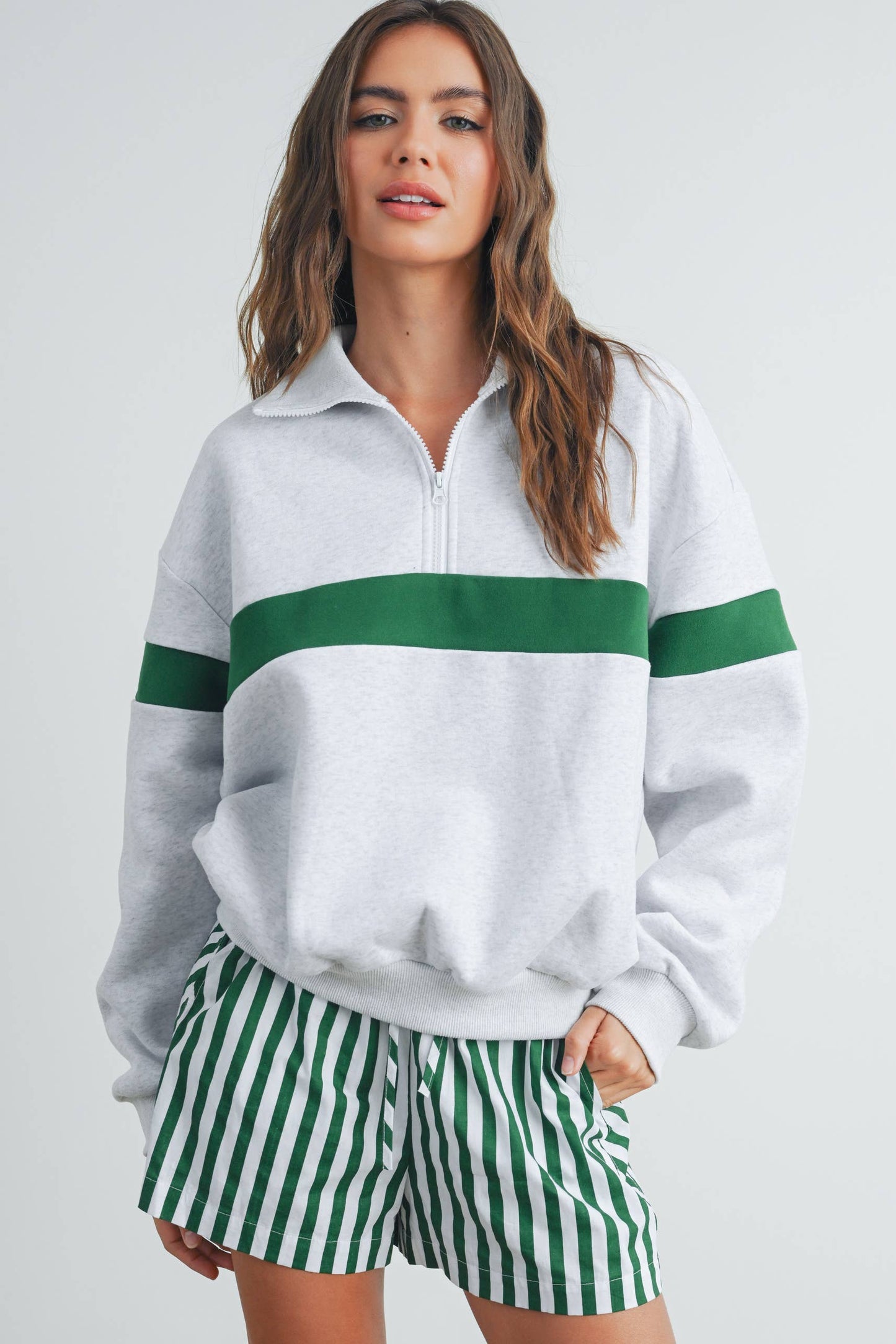 GREEN STRIPE ZIP COLLAR SWEATSHIRT