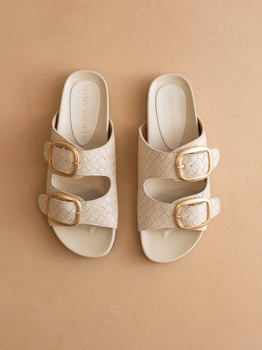 OASIS SOCIETY - The Desiree | Beige Woven Slide with Oversized Gold Buckles