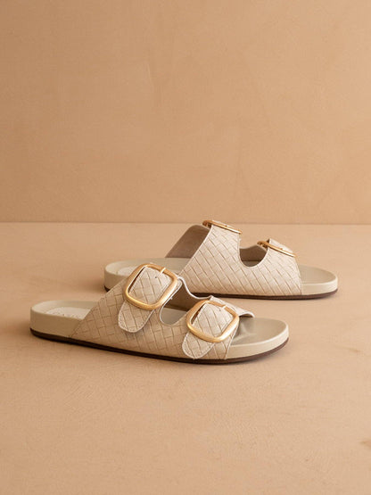 OASIS SOCIETY - The Desiree | Beige Woven Slide with Oversized Gold Buckles