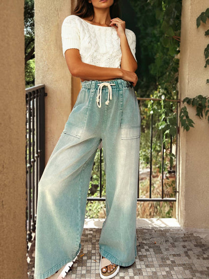 1 the Woman - Mineral Wash Drawstring High Waist Wide Leg Jeans