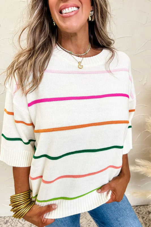 White Striped Half Sleeve Sweater