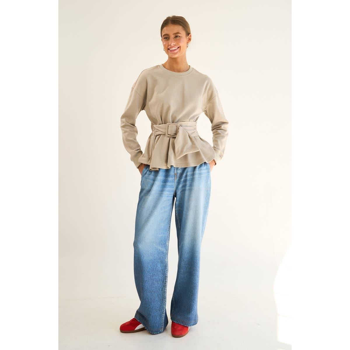 The GREii - French Terry Peplum Belted Sweatshirt