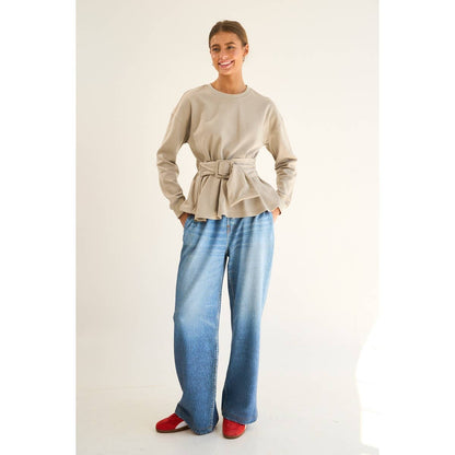 The GREii - French Terry Peplum Belted Sweatshirt