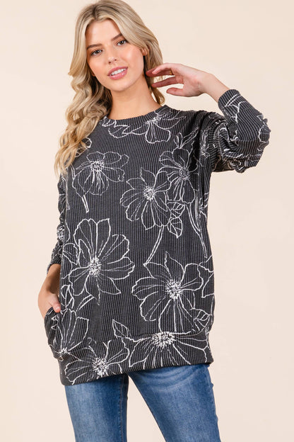 BOMBOM - Floral Sketch Ribbed Knit Sweatshirt W/pockets