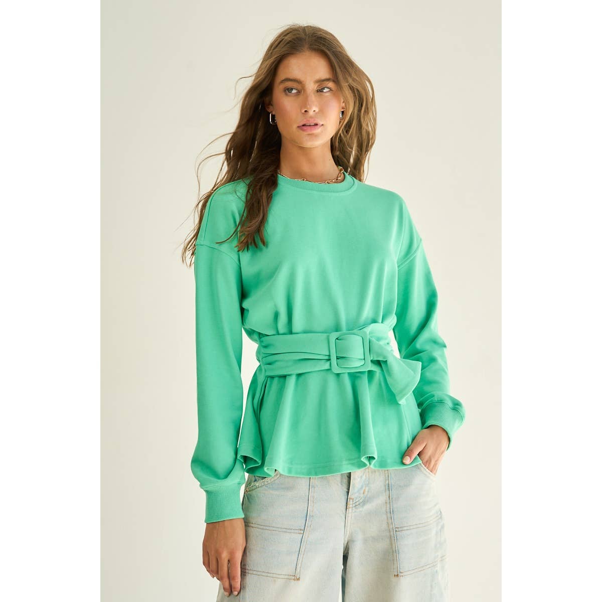 The GREii - French Terry Peplum Belted Sweatshirt