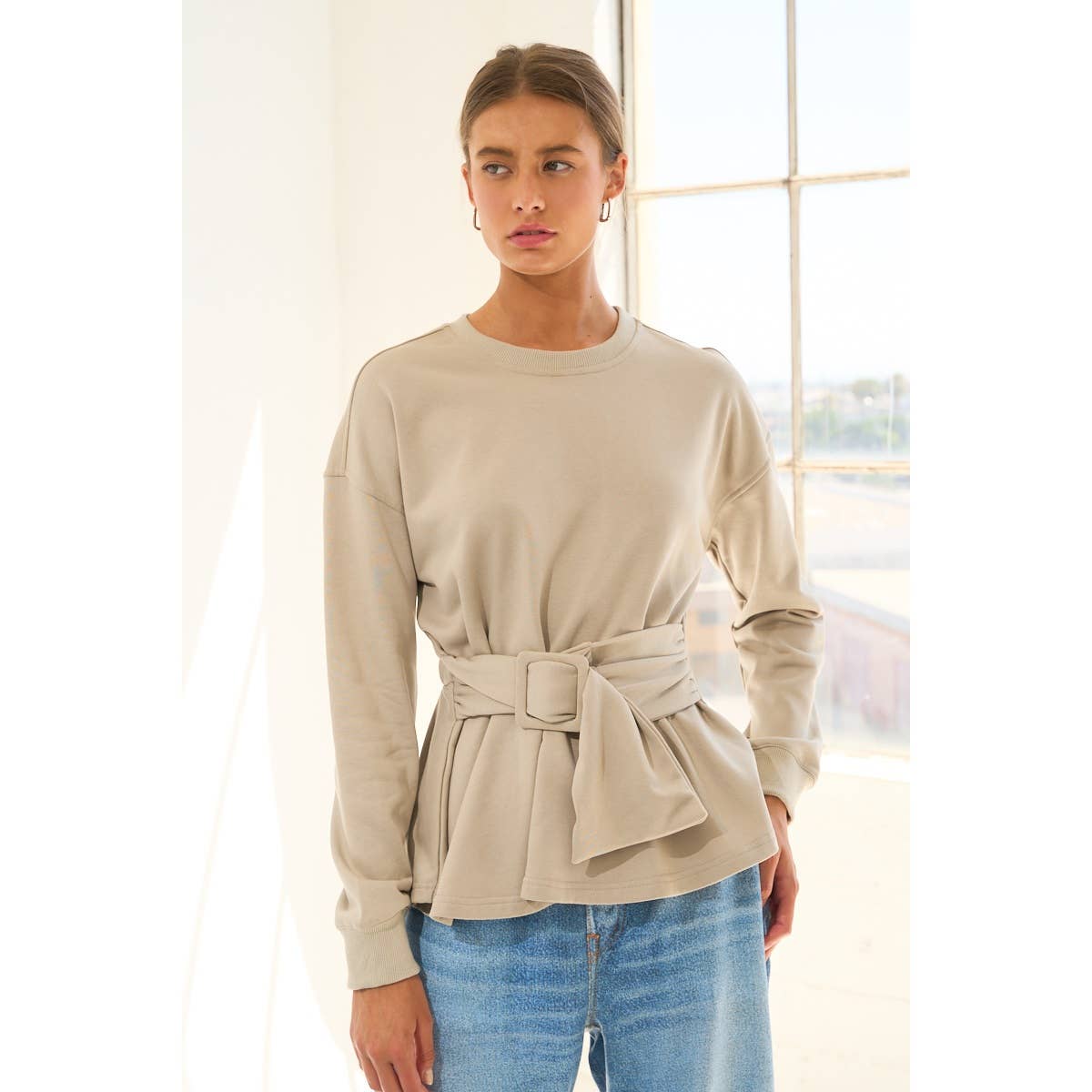 The GREii - French Terry Peplum Belted Sweatshirt