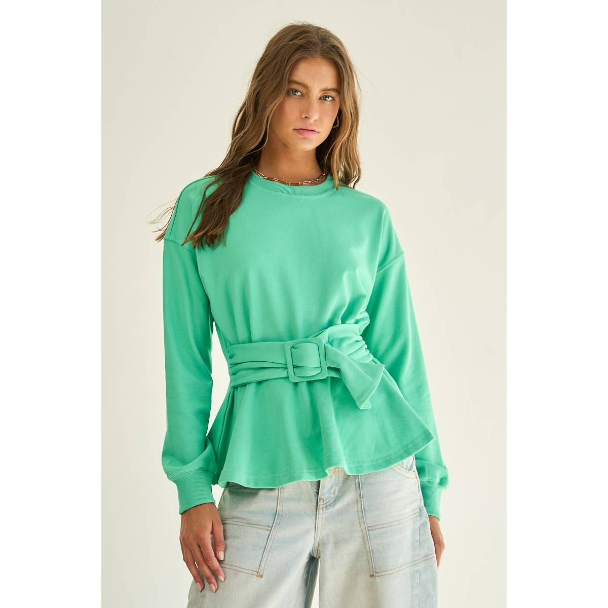 The GREii - French Terry Peplum Belted Sweatshirt