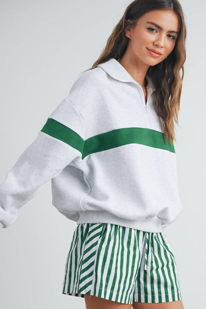 GREEN STRIPE ZIP COLLAR SWEATSHIRT