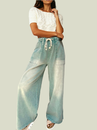 1 the Woman - Mineral Wash Drawstring High Waist Wide Leg Jeans