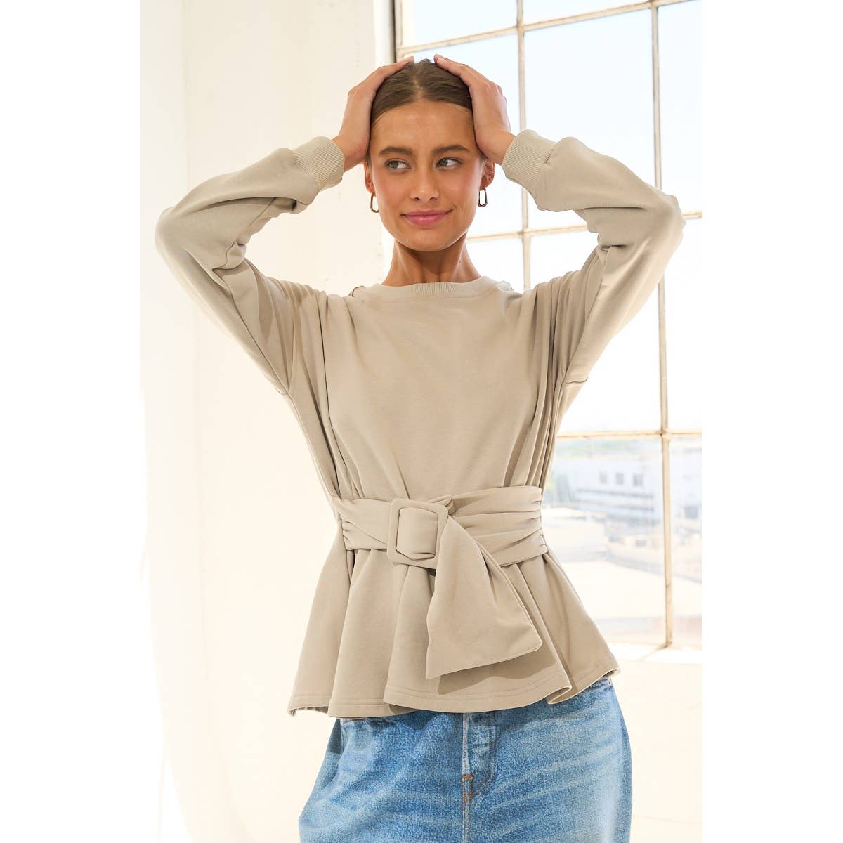 The GREii - French Terry Peplum Belted Sweatshirt