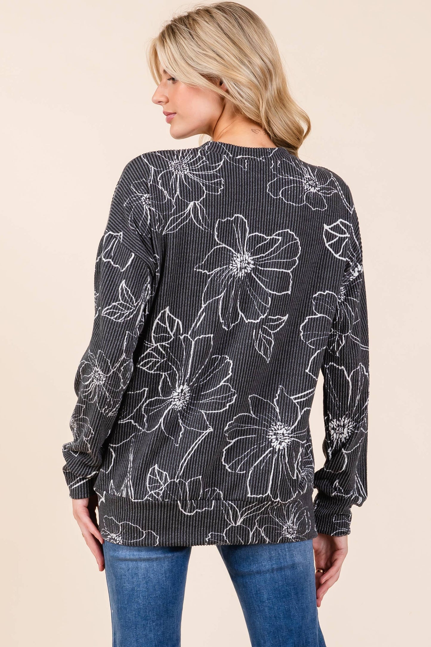 BOMBOM - Floral Sketch Ribbed Knit Sweatshirt W/pockets