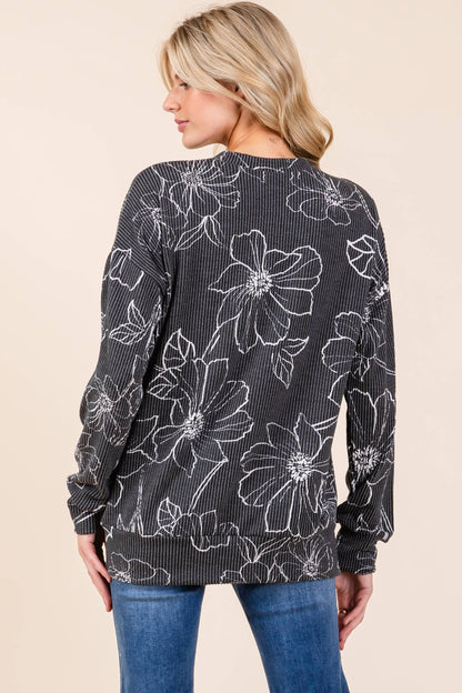 BOMBOM - Floral Sketch Ribbed Knit Sweatshirt W/pockets