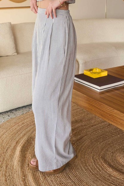 STRIPE PLEATED WIDE LEG PANTS