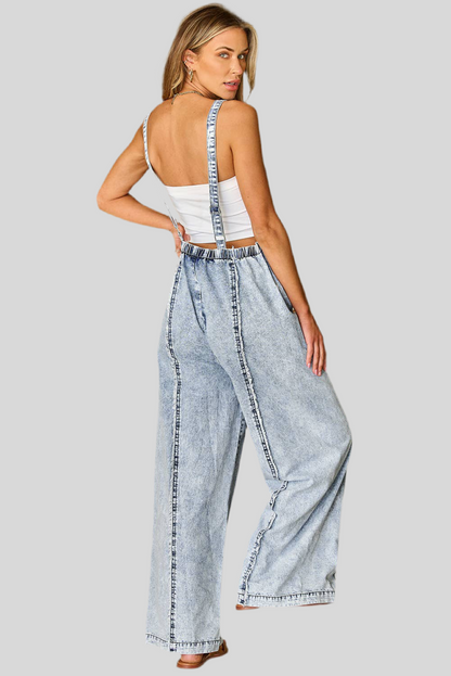 1 the Woman - Light Wash Frayed Exposed Seam Adjustable Denim Overall