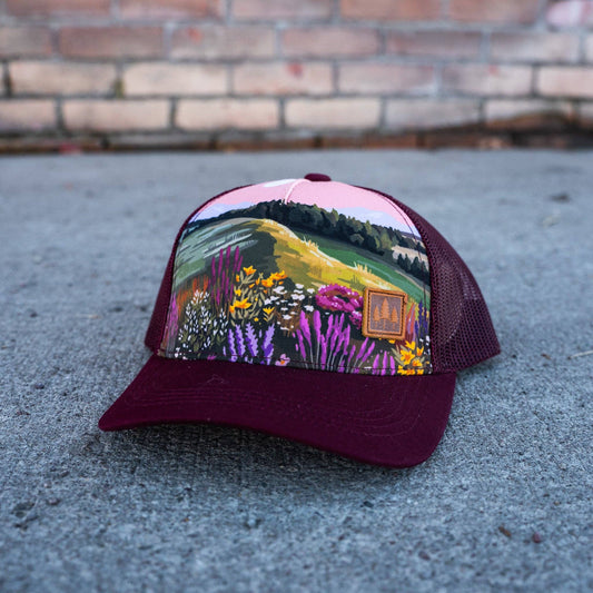 The Montana Scene - Wildflower Field Unisex Trucker - Maroon