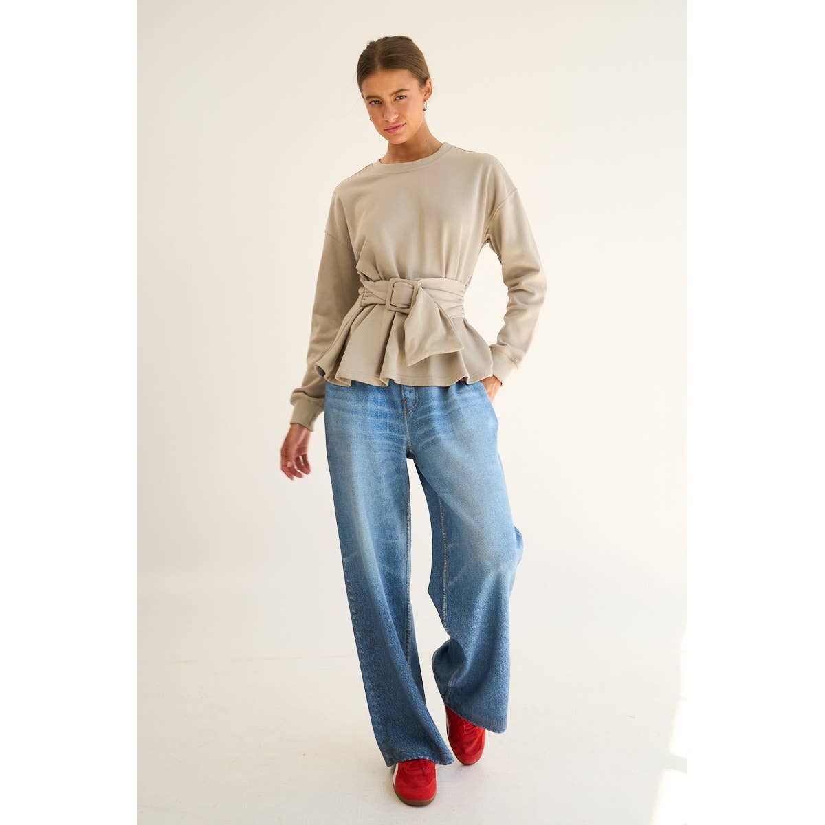 The GREii - French Terry Peplum Belted Sweatshirt