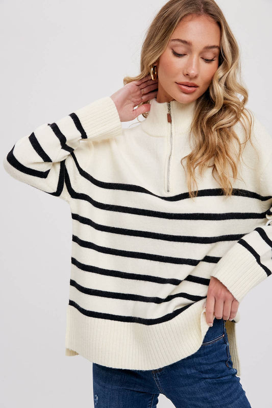 QUARTER ZIP UP STRIPE PULLOVER
