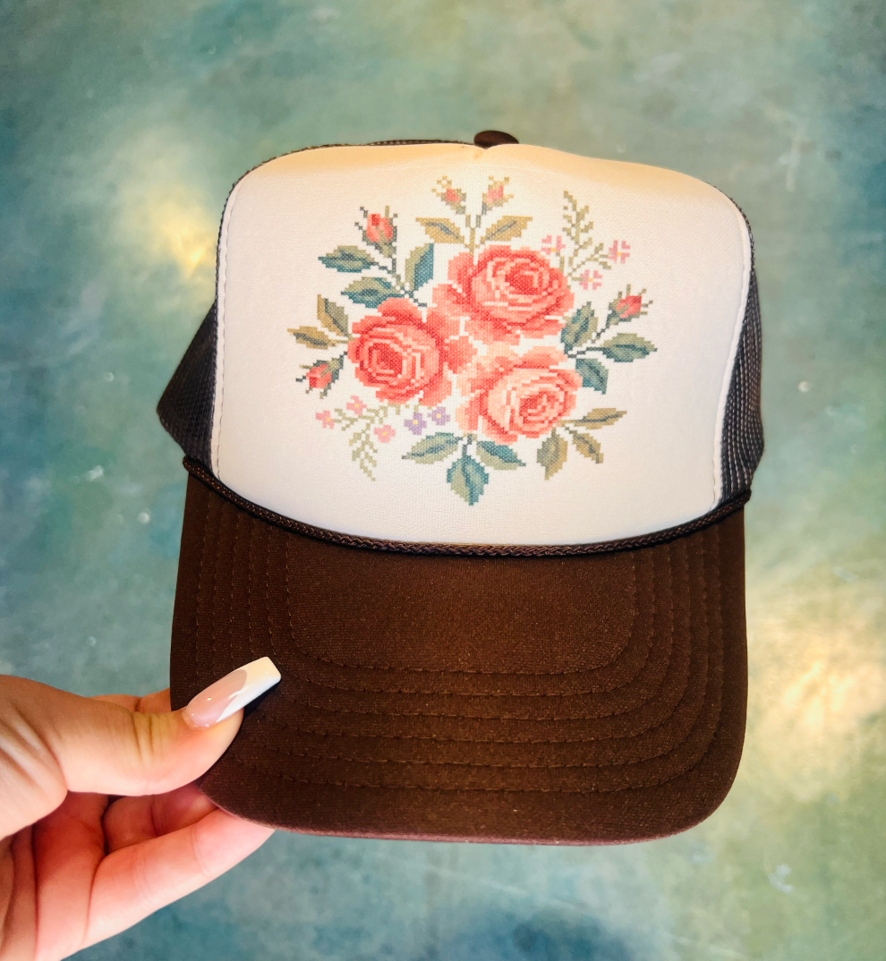 THE LATTIMORE CLAIM - Cross Stitch Roses - Brown & Tan Otto Trucker