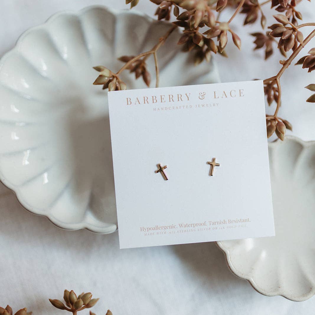 Barberry & Lace Handmade Jewelry - Cross Stud Earrings | 14k Gold Fill & Sterling Silver
