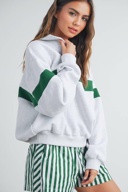 GREEN STRIPE ZIP COLLAR SWEATSHIRT