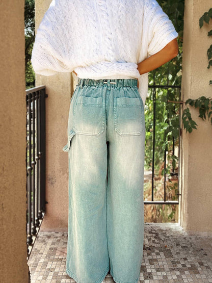 1 the Woman - Mineral Wash Drawstring High Waist Wide Leg Jeans