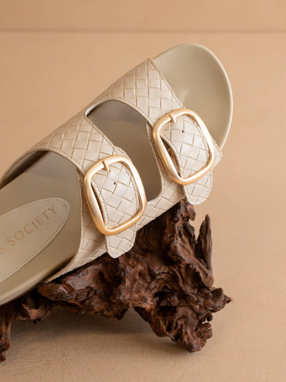 OASIS SOCIETY - The Desiree | Beige Woven Slide with Oversized Gold Buckles